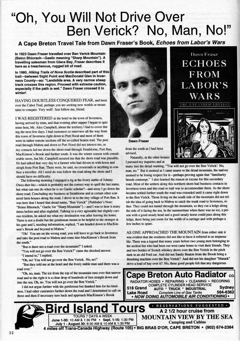 Page 32 - "Oh, You Will Not Drive Over Ben Verick? No, Man, No!" A Cape Breton Travel Tale from Dawn Fraser's Book, Echoes from Labor's Wars